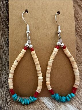 ❤️ Native American “S Duncan” Turquoise Nugget Coral Melon Shell 925 Earrings